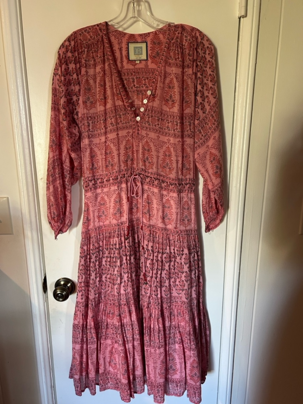 Pink Printed Tiered Midi Dress with Drawstring Waist